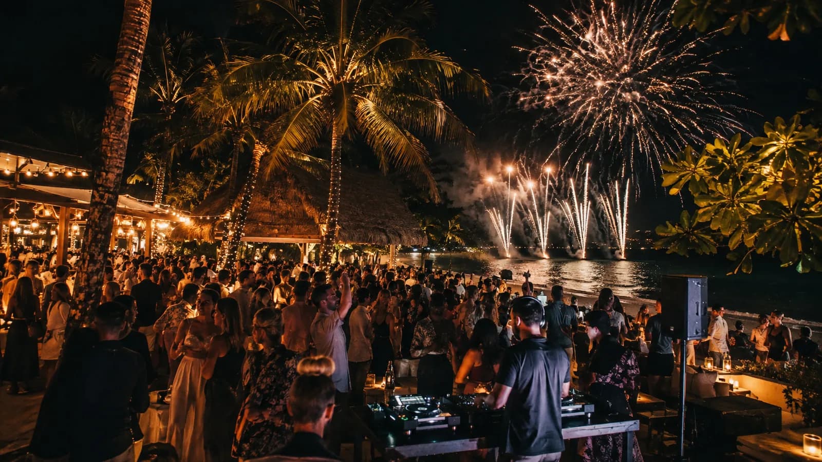 Sylwestrowe fajerwerki nad plażą i beach party